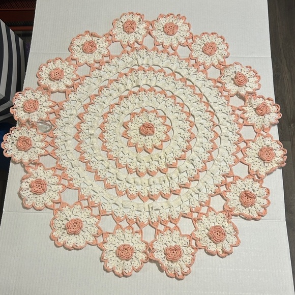 Other - Crochet Floral Doily in Cream and Pale Pink